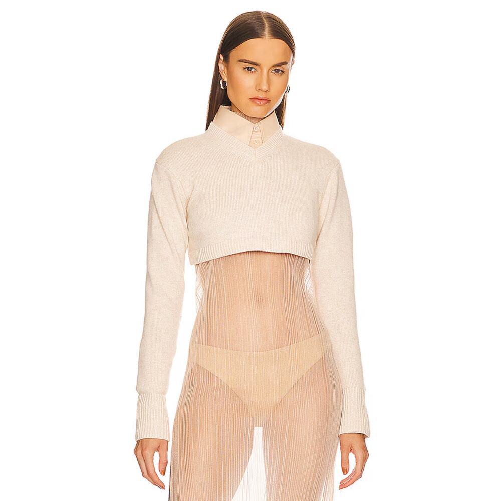 L'Academie Patton Micro Cropped V Neck Sweater in Oatmeal Size XS